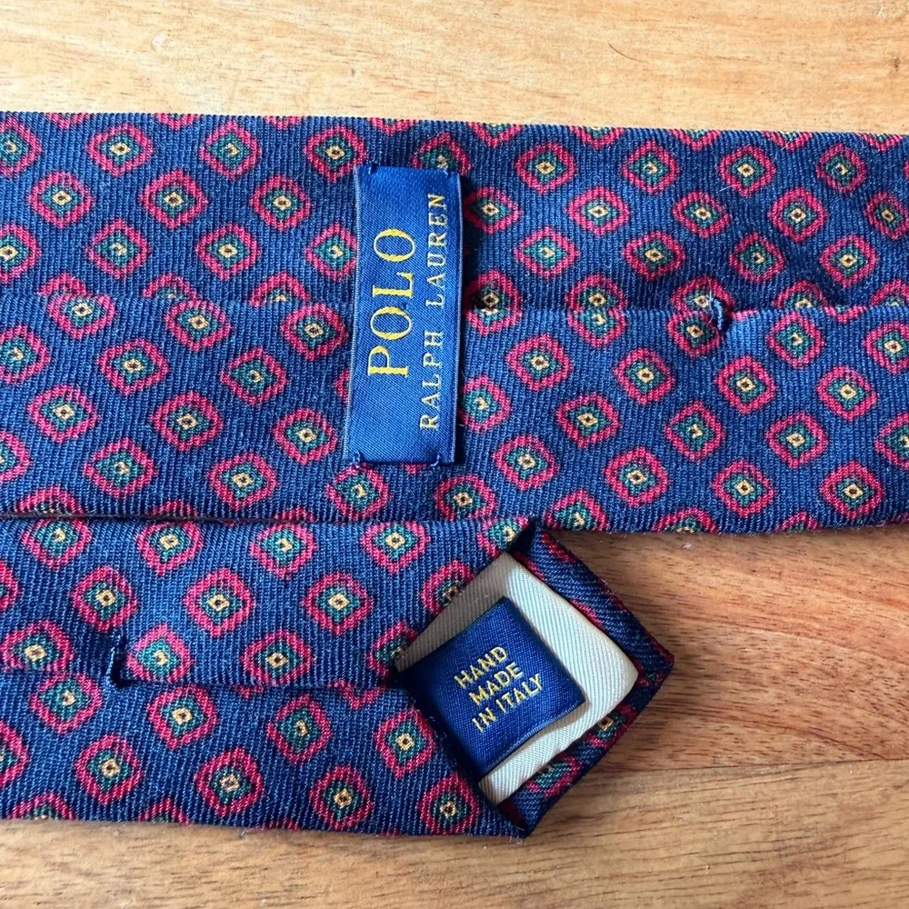 Ralph Lauren Wool Navy Tie with Red and Green Medallion Pattern